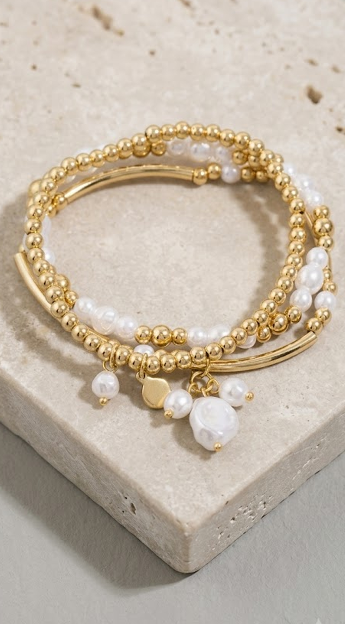 Gold Pearl And Gold Bead Layering Bracelet Set