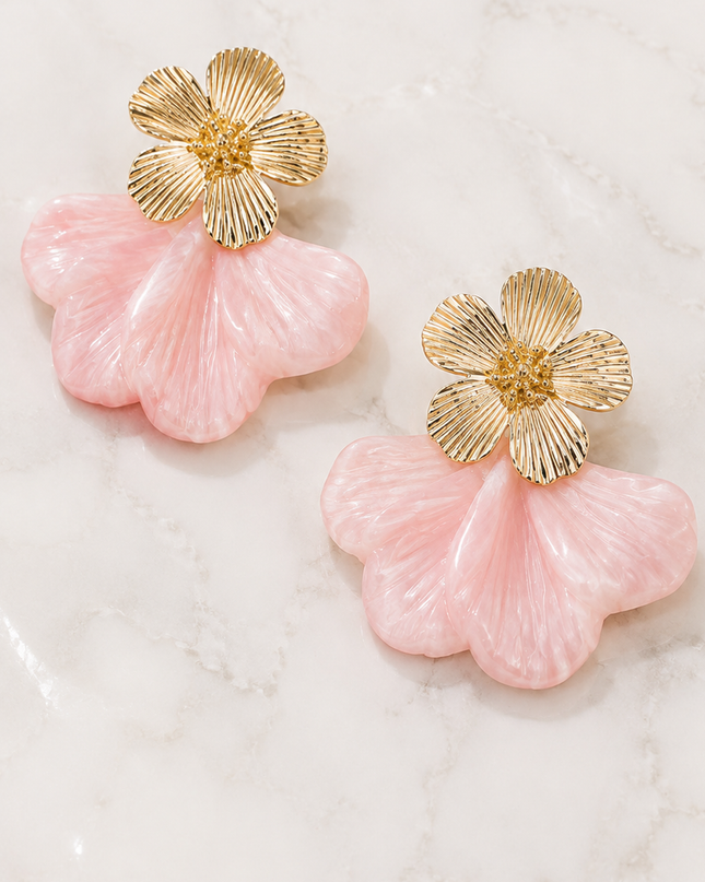 Pink Blossom Marble Resin Flower Dangle Earrings