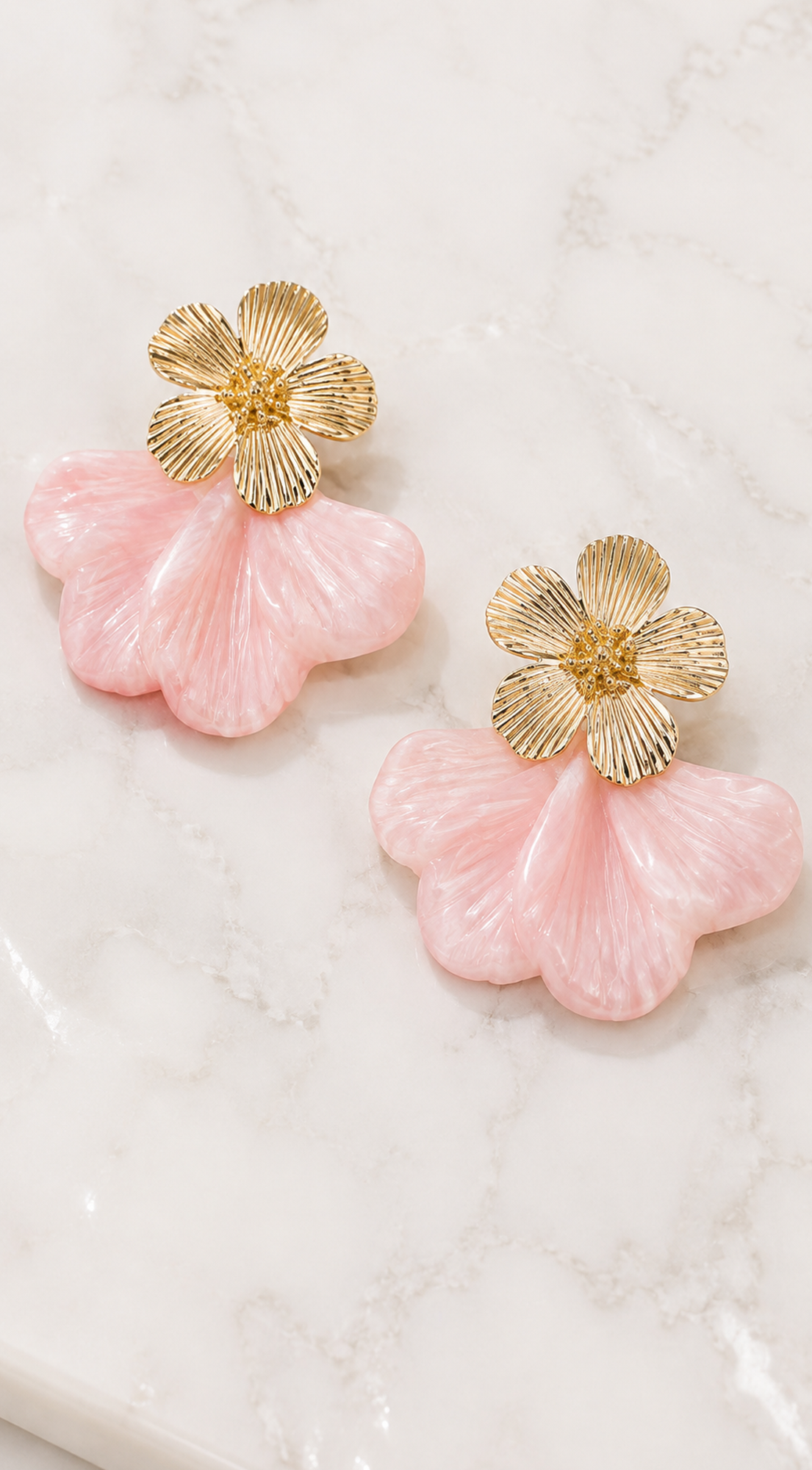 Pink Blossom Marble Resin Flower Dangle Earrings