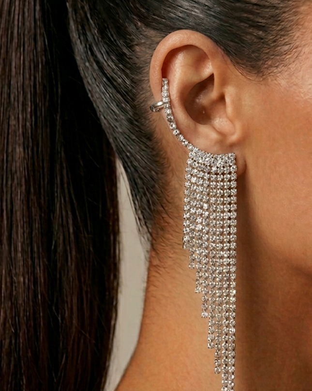 Rhinestone Silver Long Fringe Climber Earrings