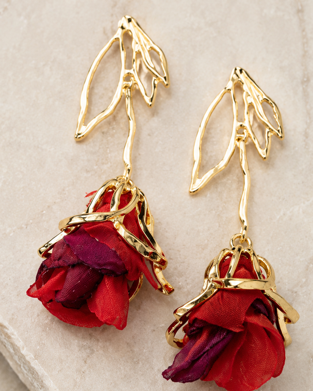 Red Fabric Rose Drop Earrings