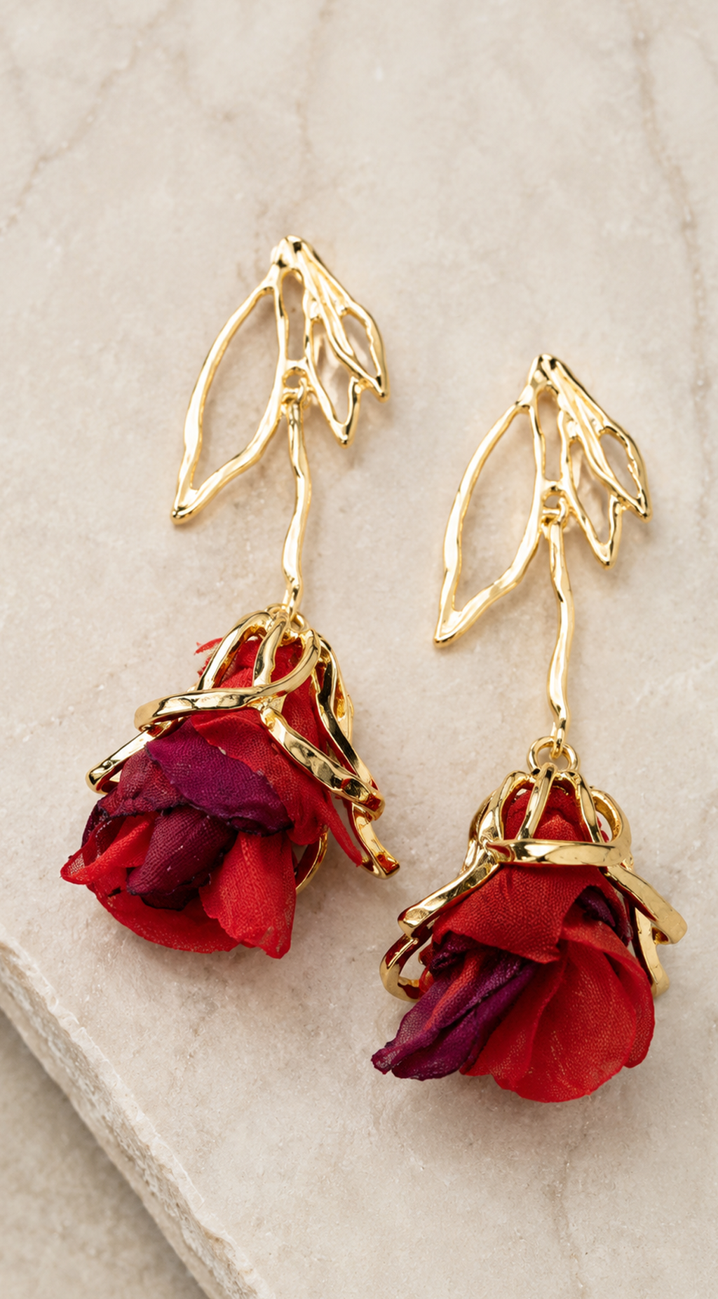 Red Fabric Rose Drop Earrings