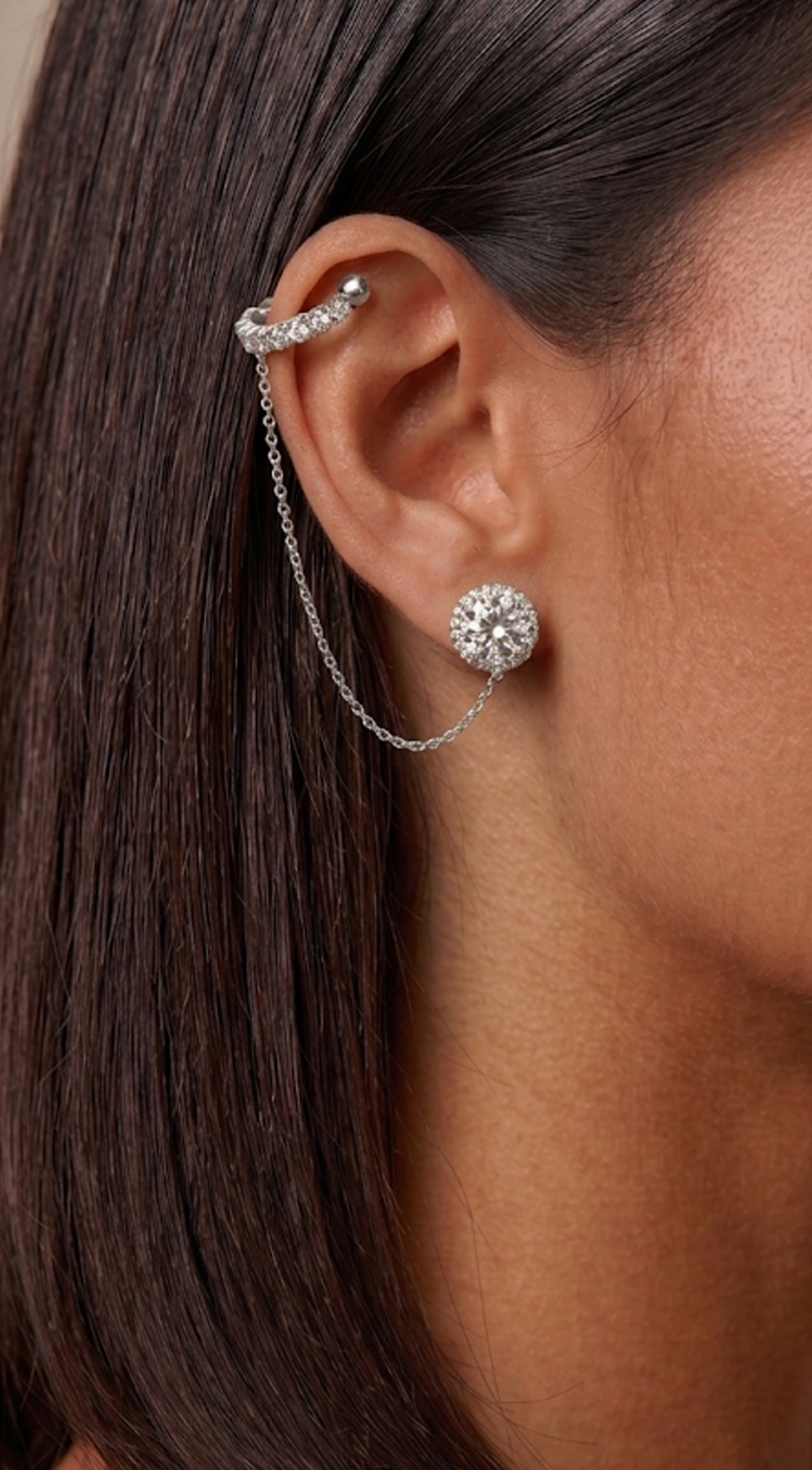 Silver Rhinestone Stud Chain Link Cuff Earring