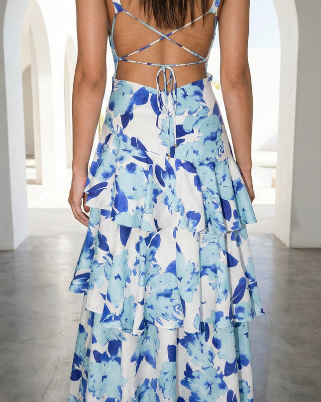 Floral Blue Floral Ruffled Maxi Dress