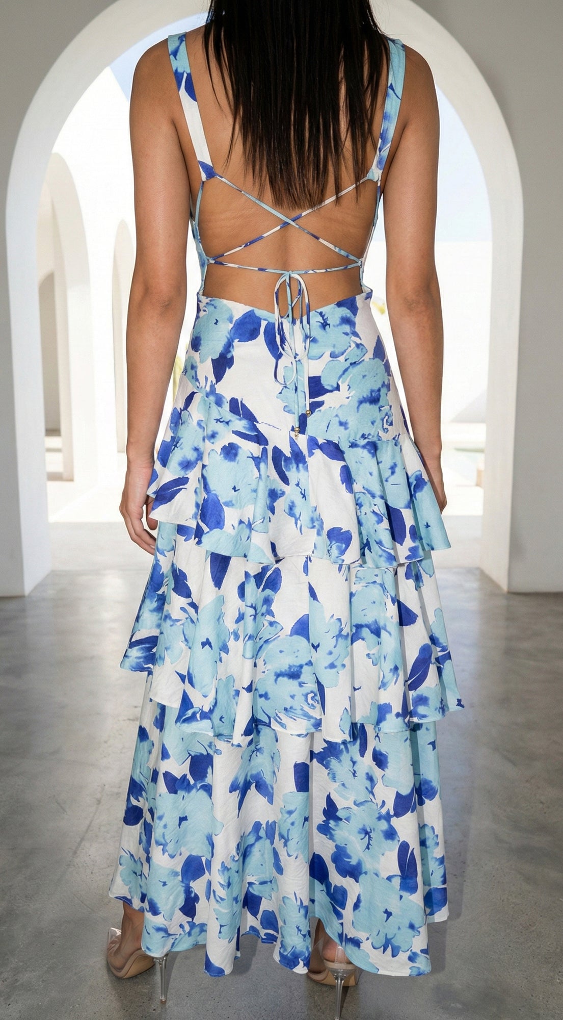 Floral Blue Floral Ruffled Maxi Dress