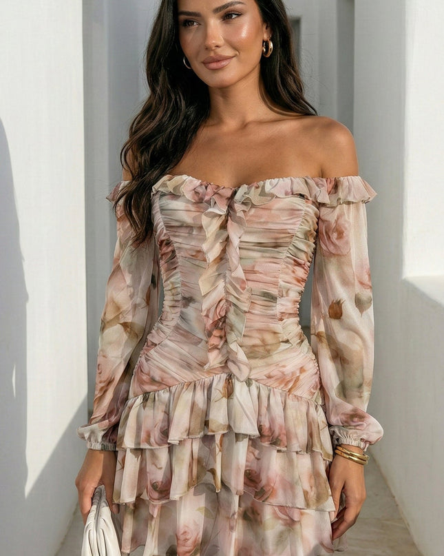 Beige Multi Floral Off Shoulder Ruffle Mini Dress