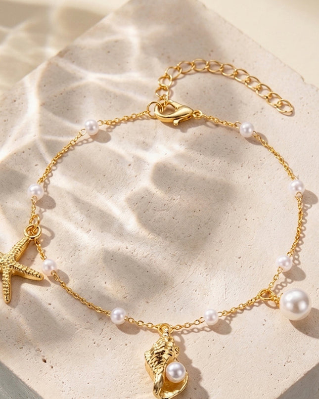 Gold Ocean Starfish Shell Charm Beach Anklet
