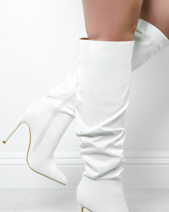 White Faux Leather Ruched Knee High Boots