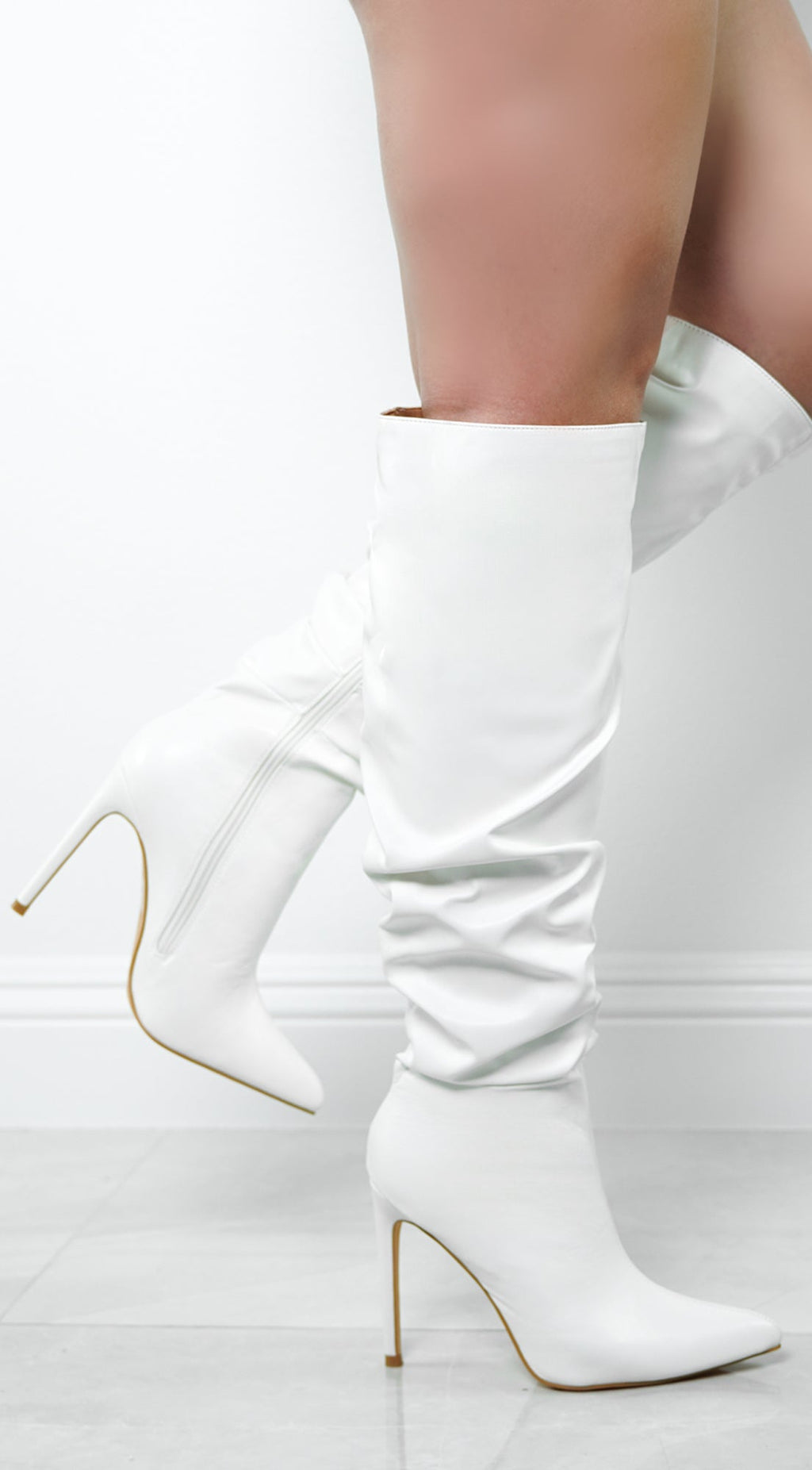 White Faux Leather Ruched Knee High Boots
