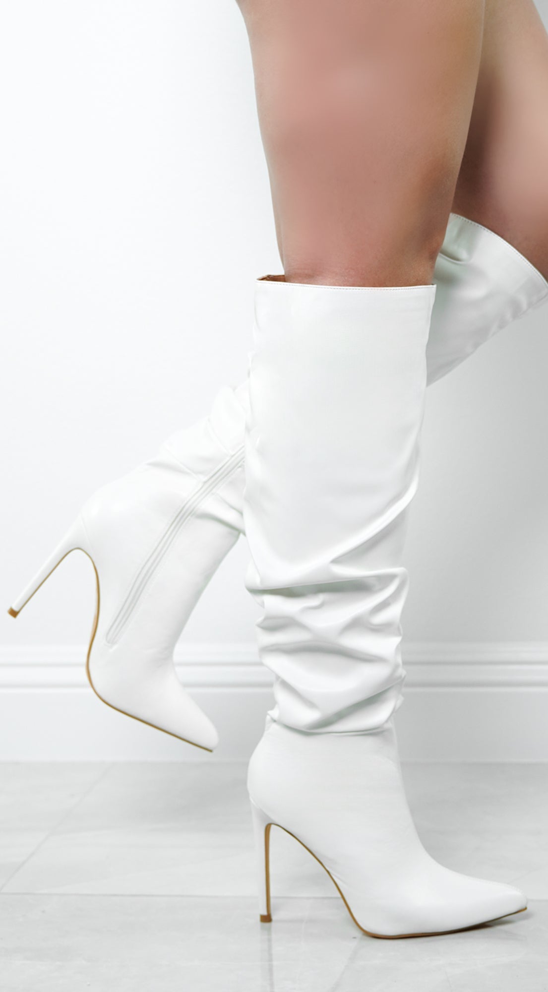 White Faux Leather Ruched Knee High Boots