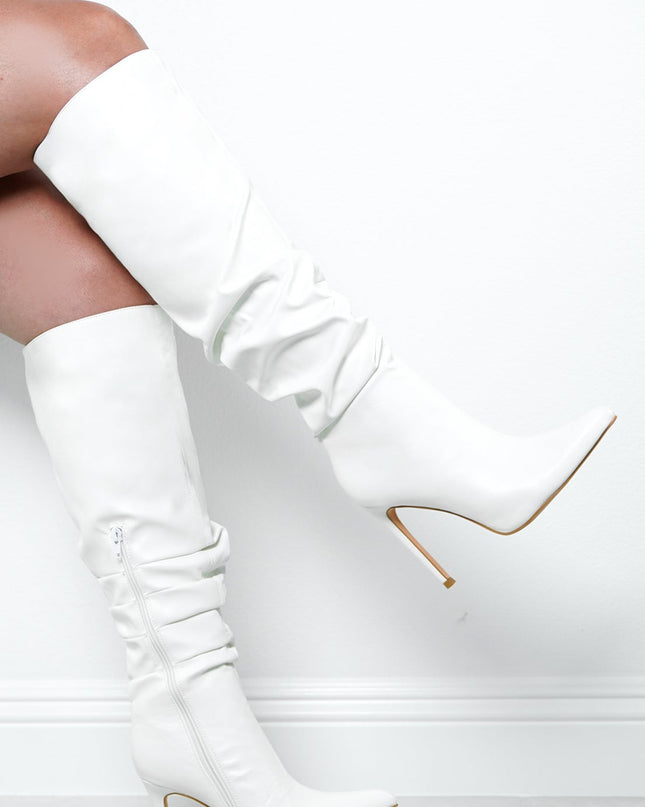 White Faux Leather Ruched Knee High Boots