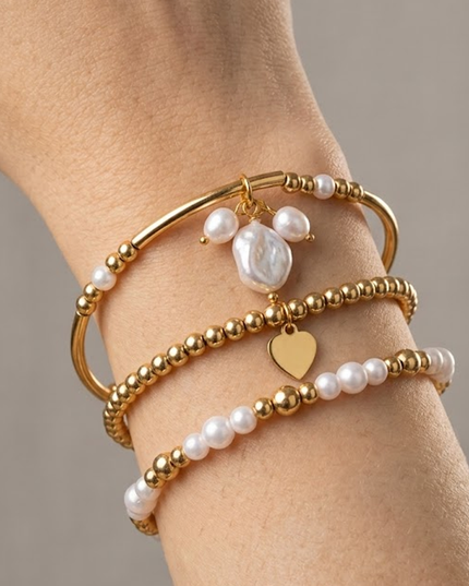 Gold Pearl And Gold Bead Layering Bracelet Set