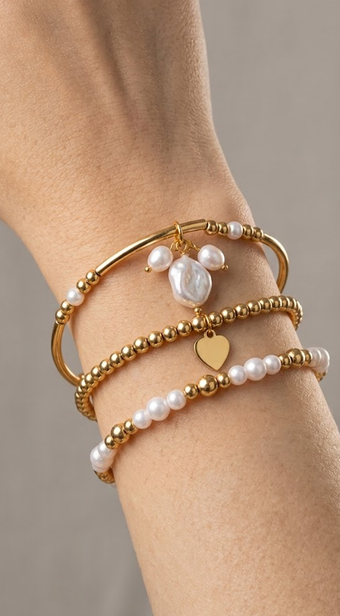 Gold Pearl And Gold Bead Layering Bracelet Set