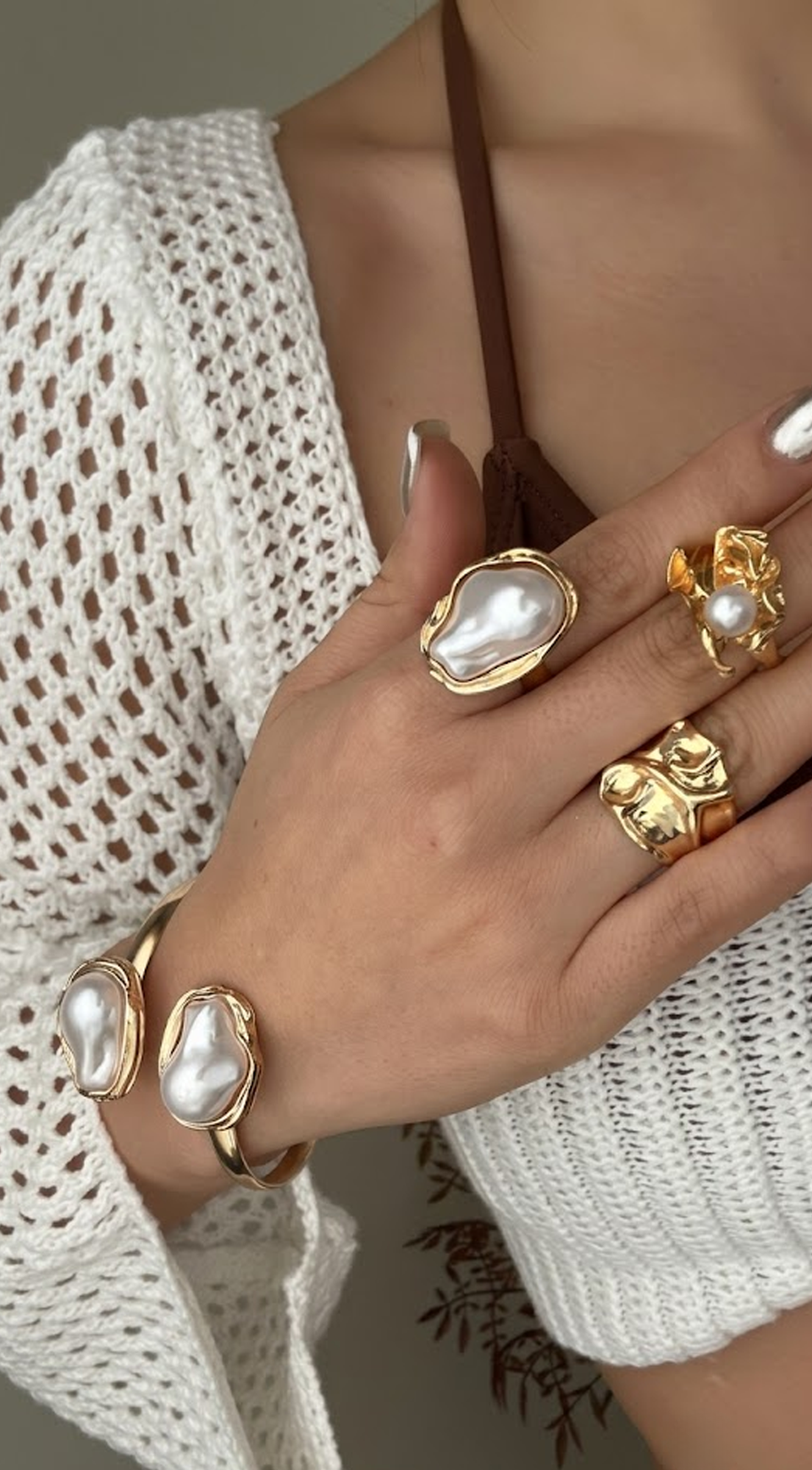 Gold Pearl Rings And Bracelet Set