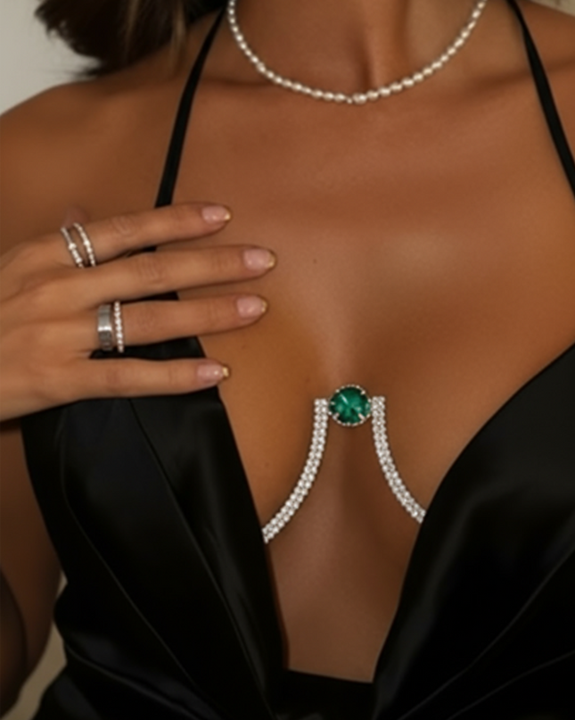 Silver Green Crystal Bra Chain
