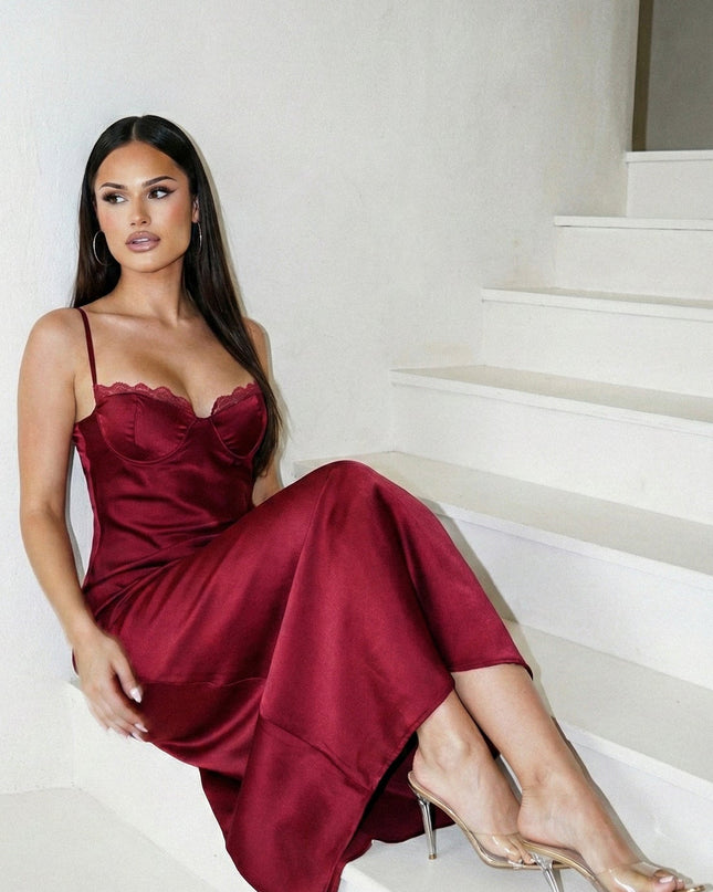 Burgundy Red Satin Maxi Dress