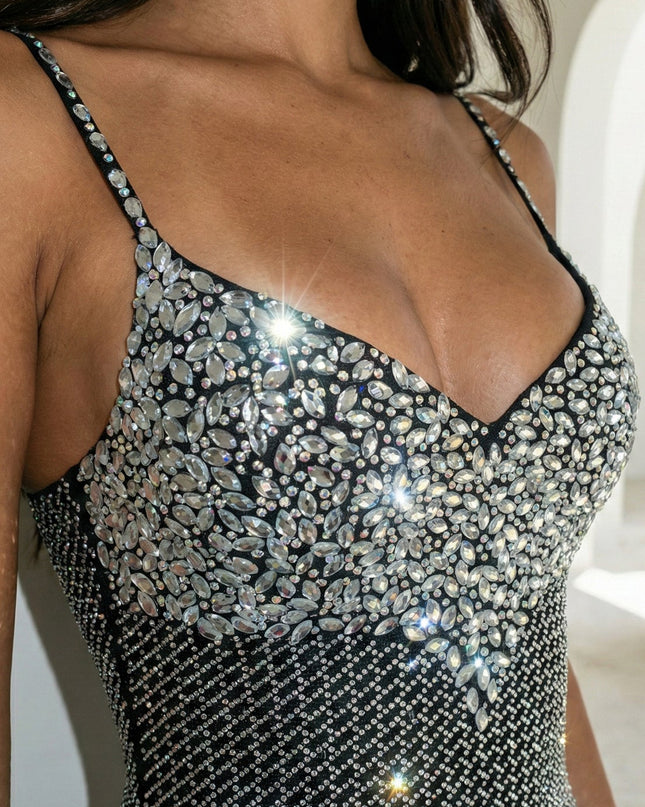 Black Rhinestone Mermaid Maxi Dress