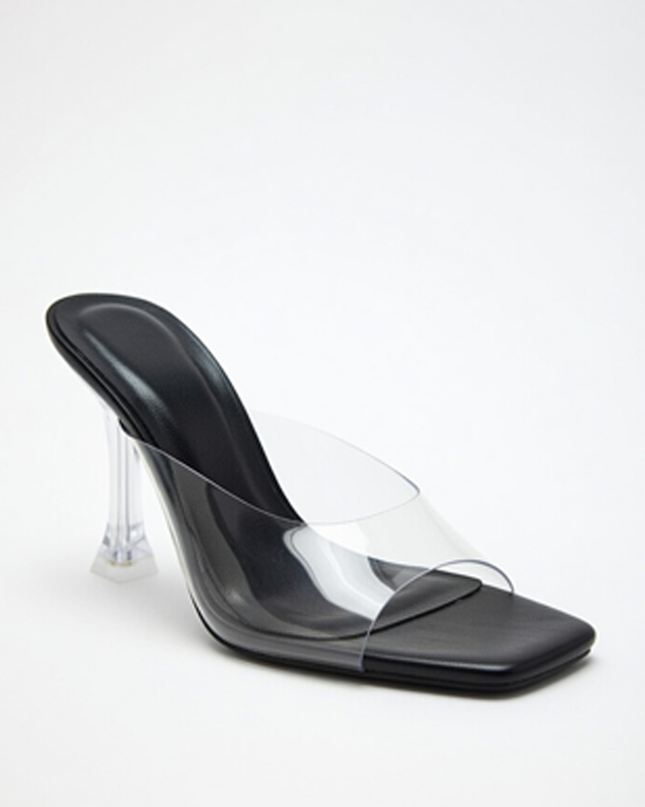 Black Clear Strap Mule Heels
