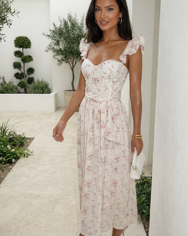 Ivory Floral Corset Flutter Midi Dress