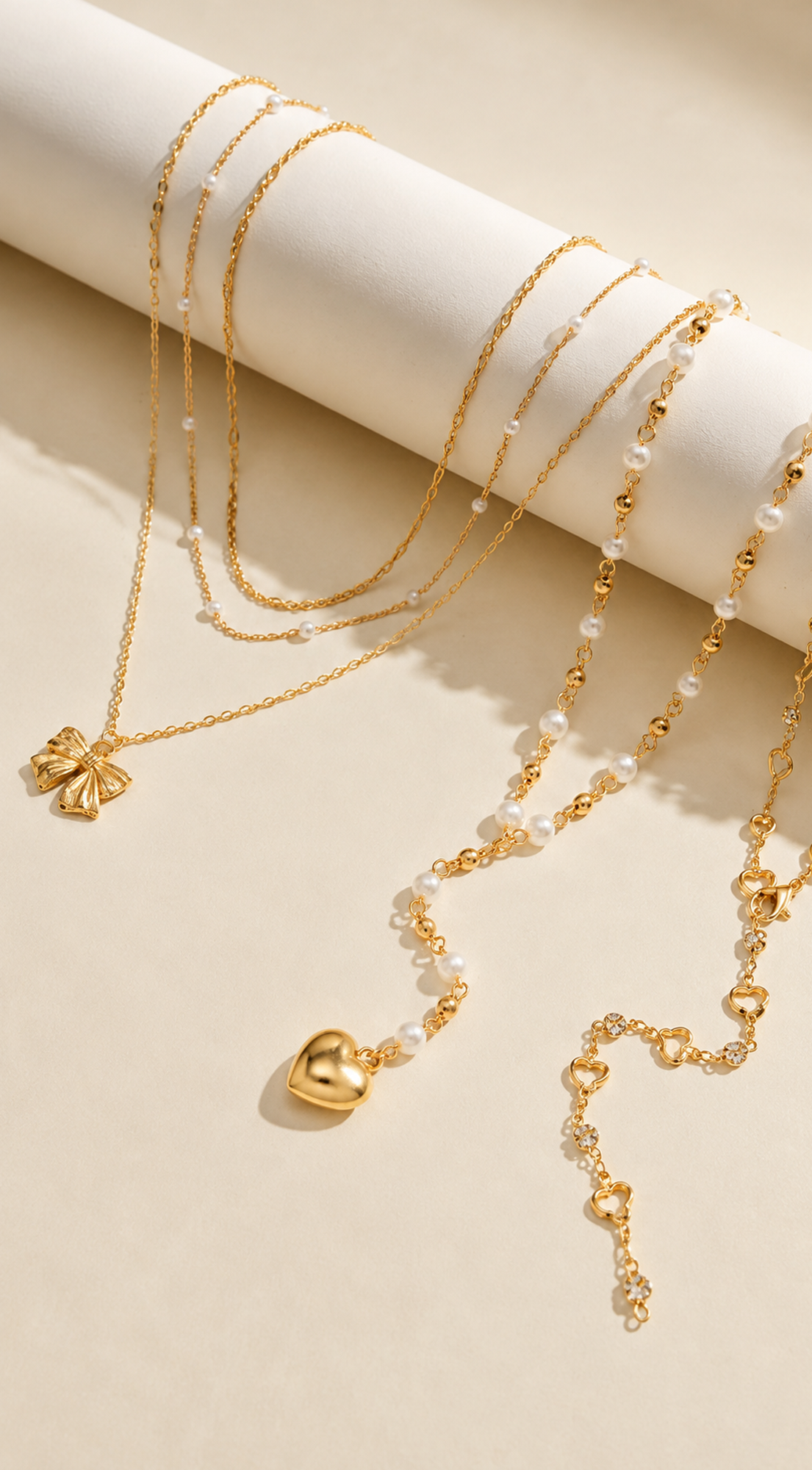 Gold Pearl Heart Lariat Necklace