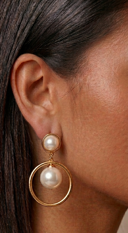 Gold Pearl Drop Hoop Earrings