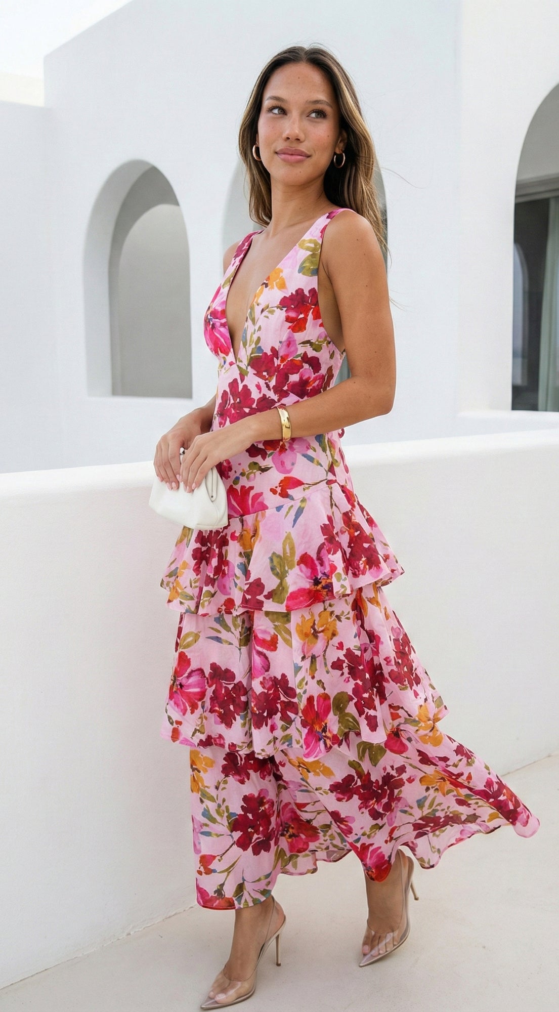 Floral Pink Floral Ruffled Maxi Dress