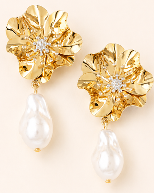 Gold Flower Pearl Drop Earrings