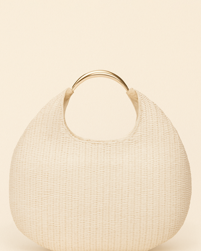 Beige Faux Straw Metal Handle Hobo bag
