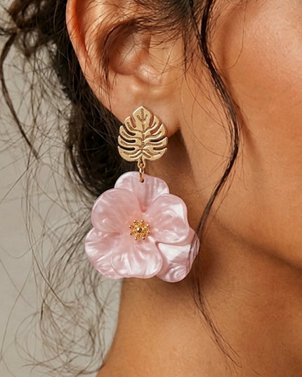 Pink Leaf Flower Drop Earrings