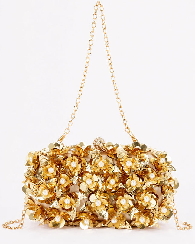 Gold Pearl & Petal Evening Clutch
