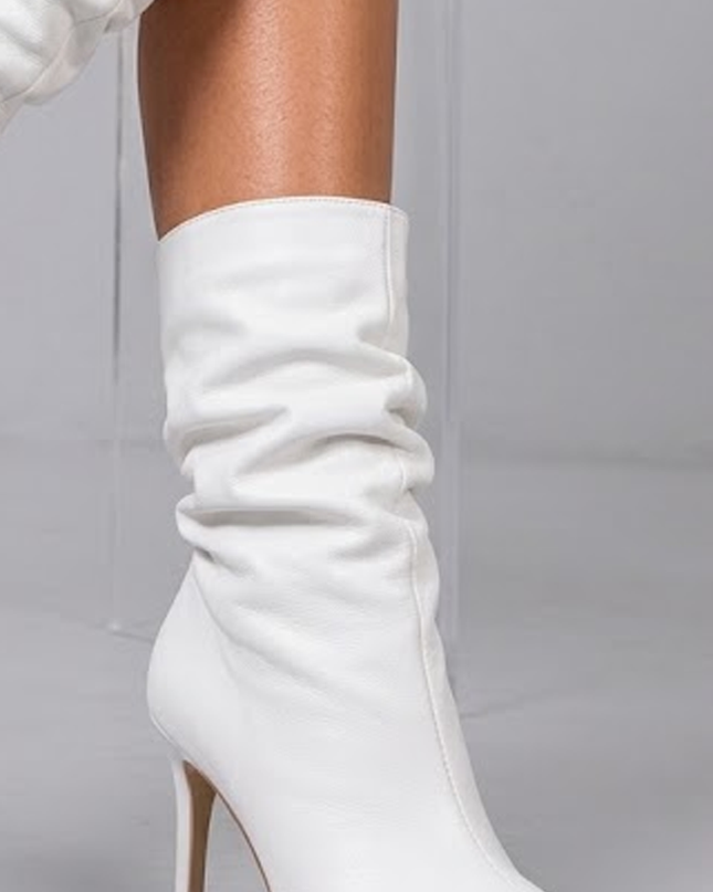 White Faux Leather Ruched High Heel Booties