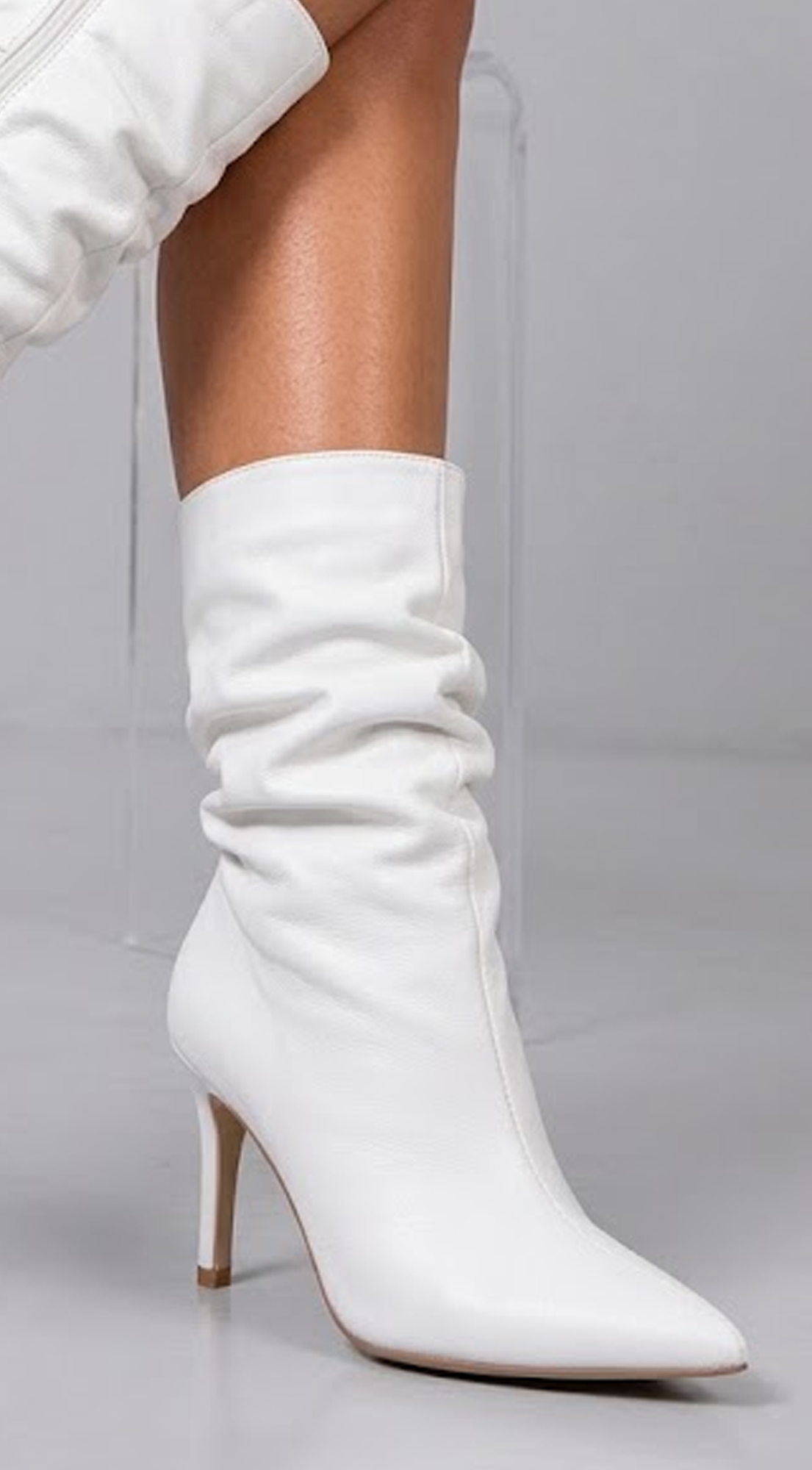 White Faux Leather Ruched High Heel Booties