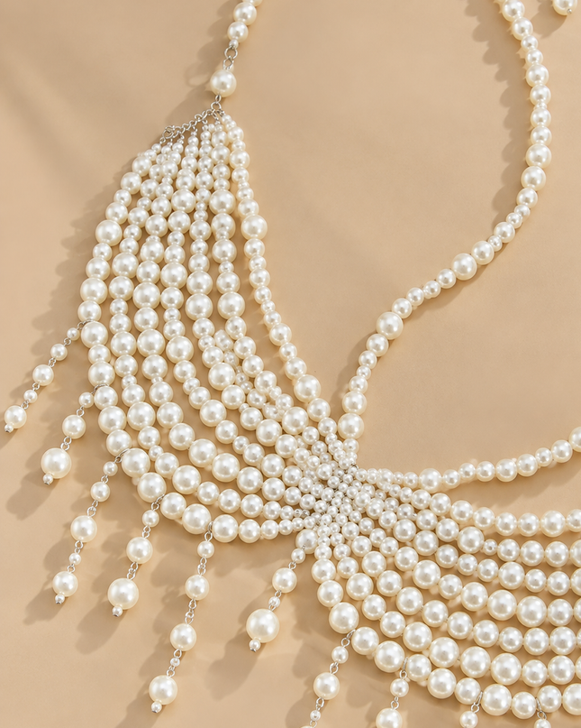 White Pearl Fringe Statement Body Chain