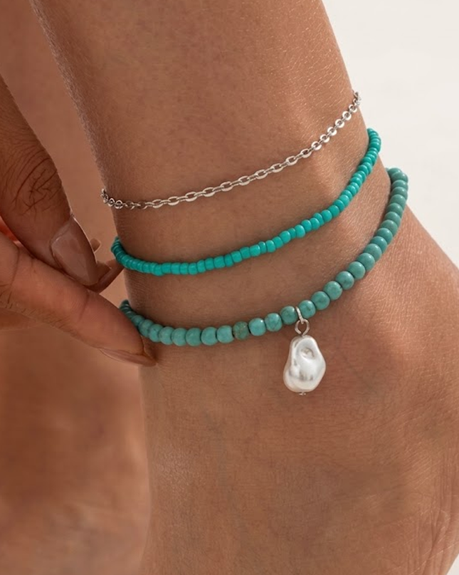 Turquoise Piece Layered Anklet Set With Pearl