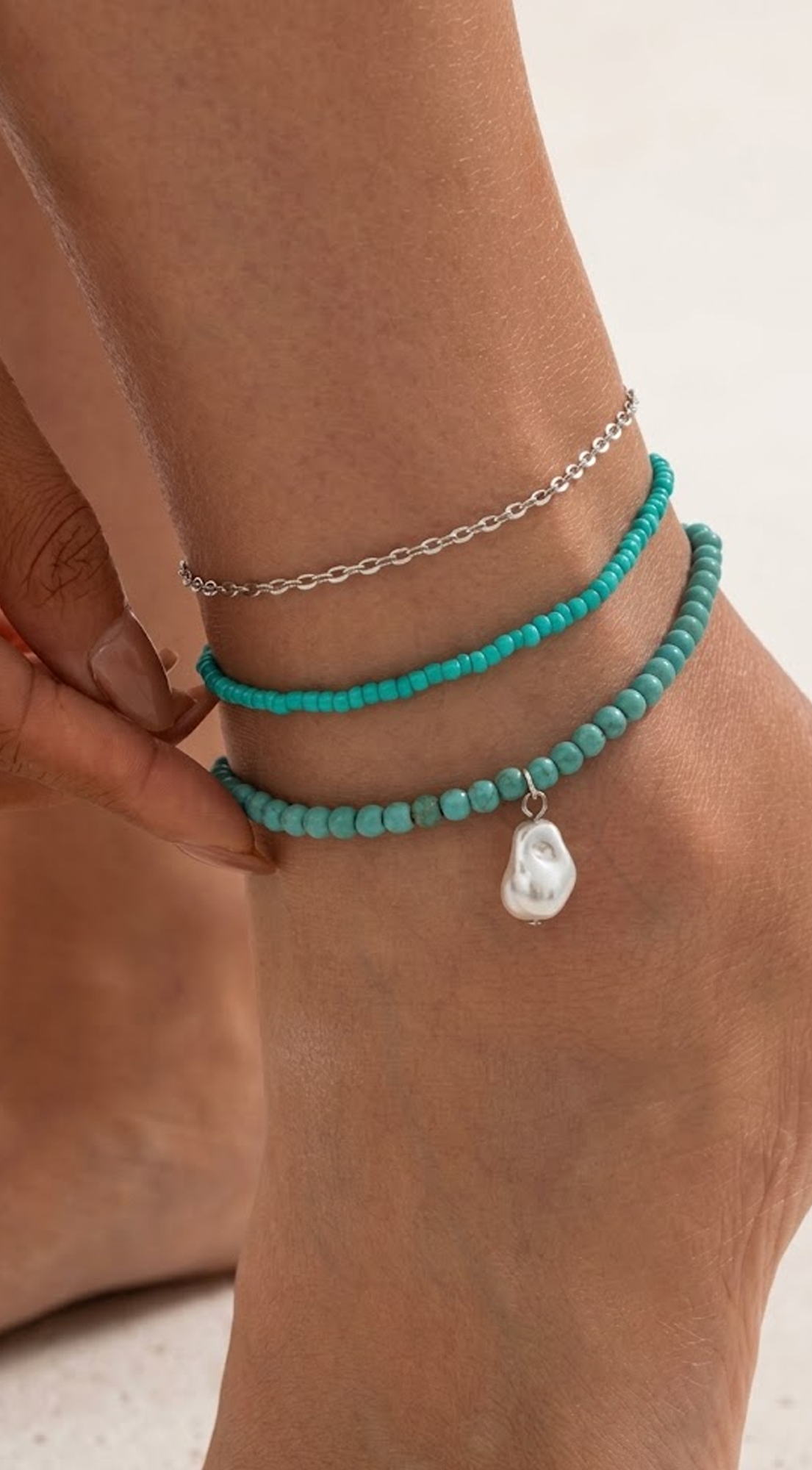 Turquoise Piece Layered Anklet Set With Pearl
