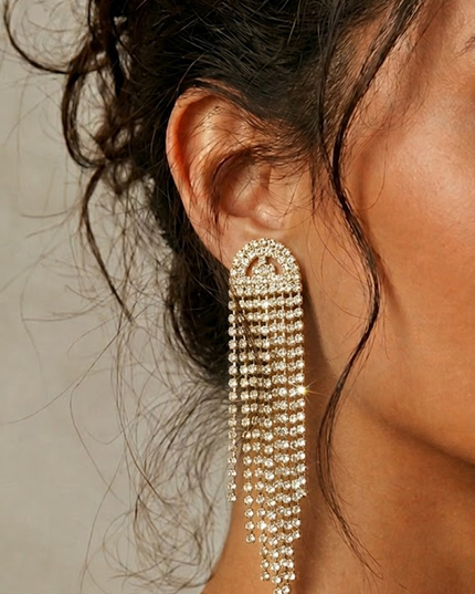 Gold Rhinestone Fringe Drop Earrings