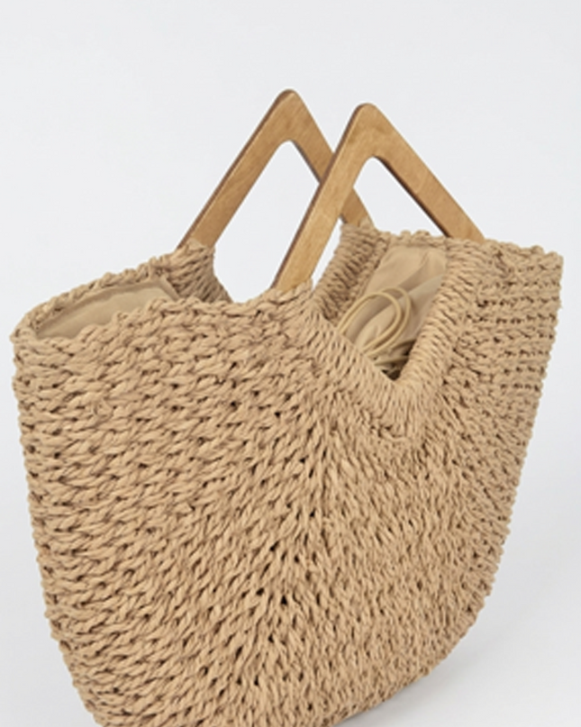Beige Faux Straw Wood Handle Tote Bag