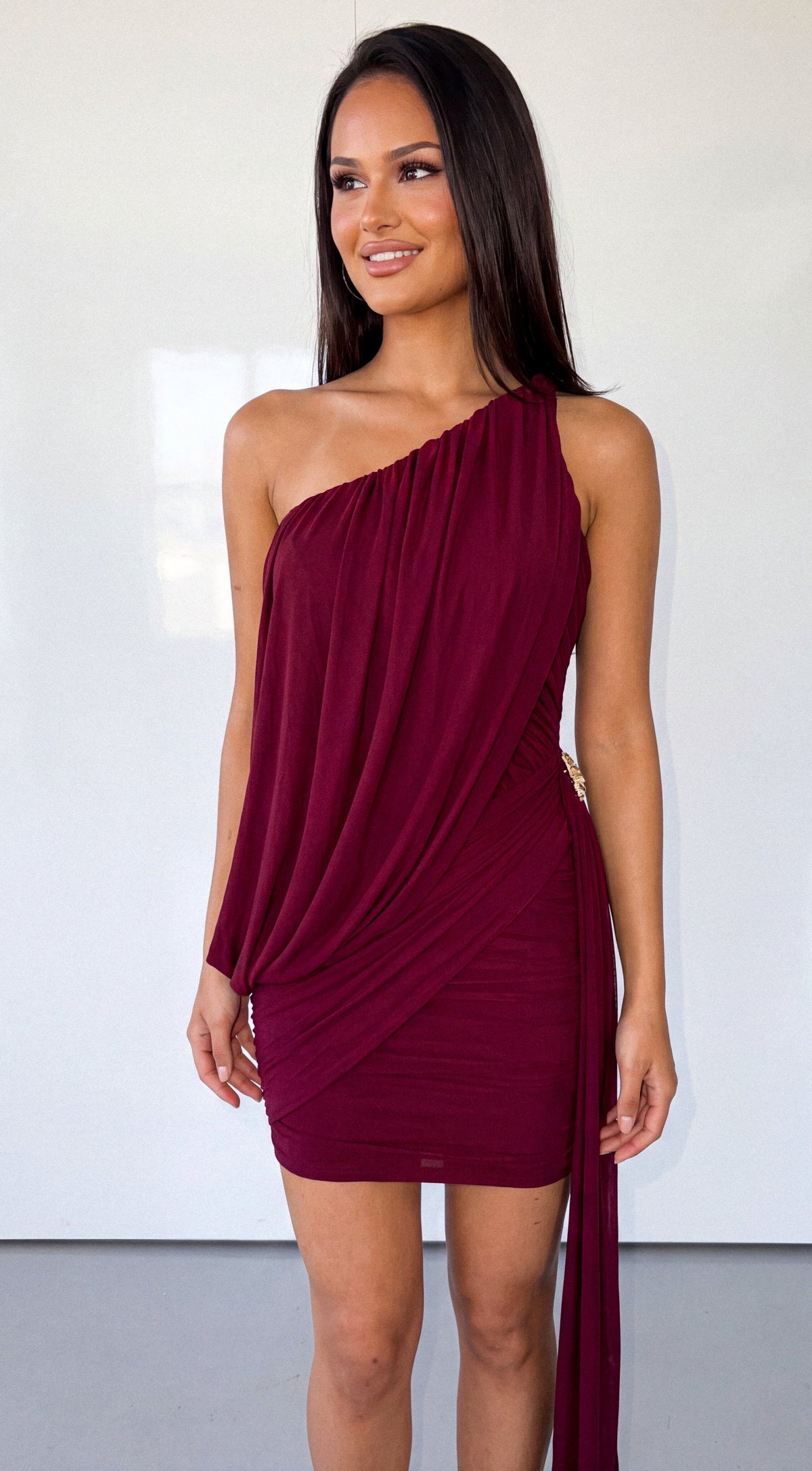 Burgundy One Shoulder Draped Mesh Dress