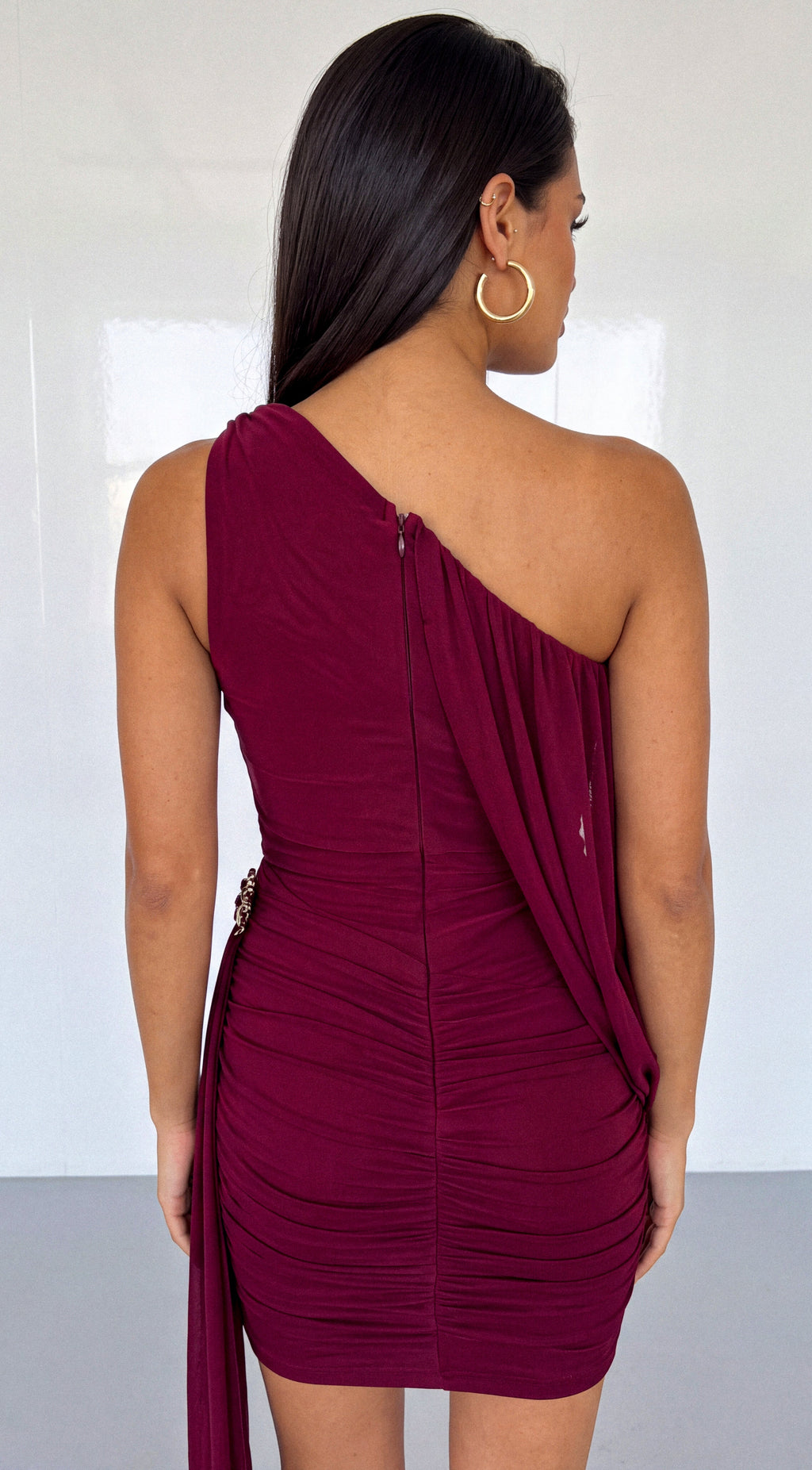 Burgundy One Shoulder Draped Mesh Dress