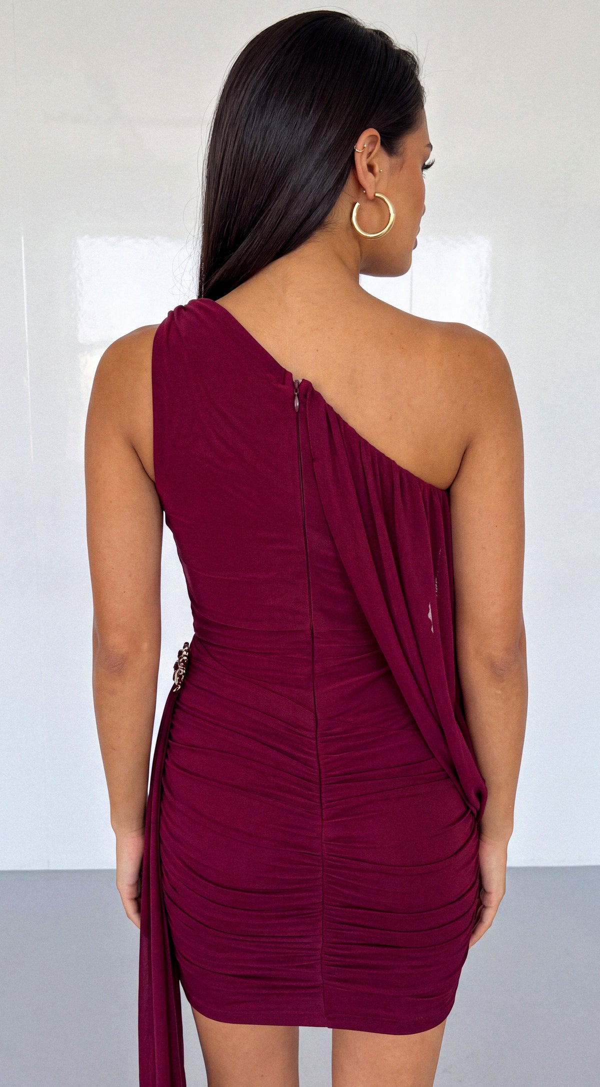 Burgundy One Shoulder Draped Mesh Dress