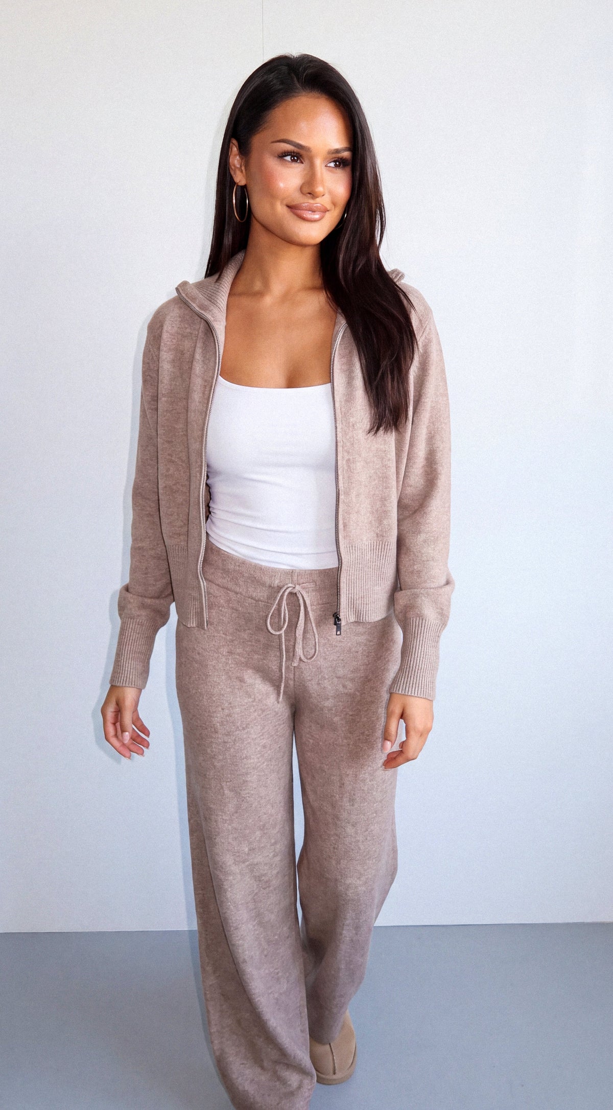 Beige Zip Cardigan & Wide Leg Pant Set
