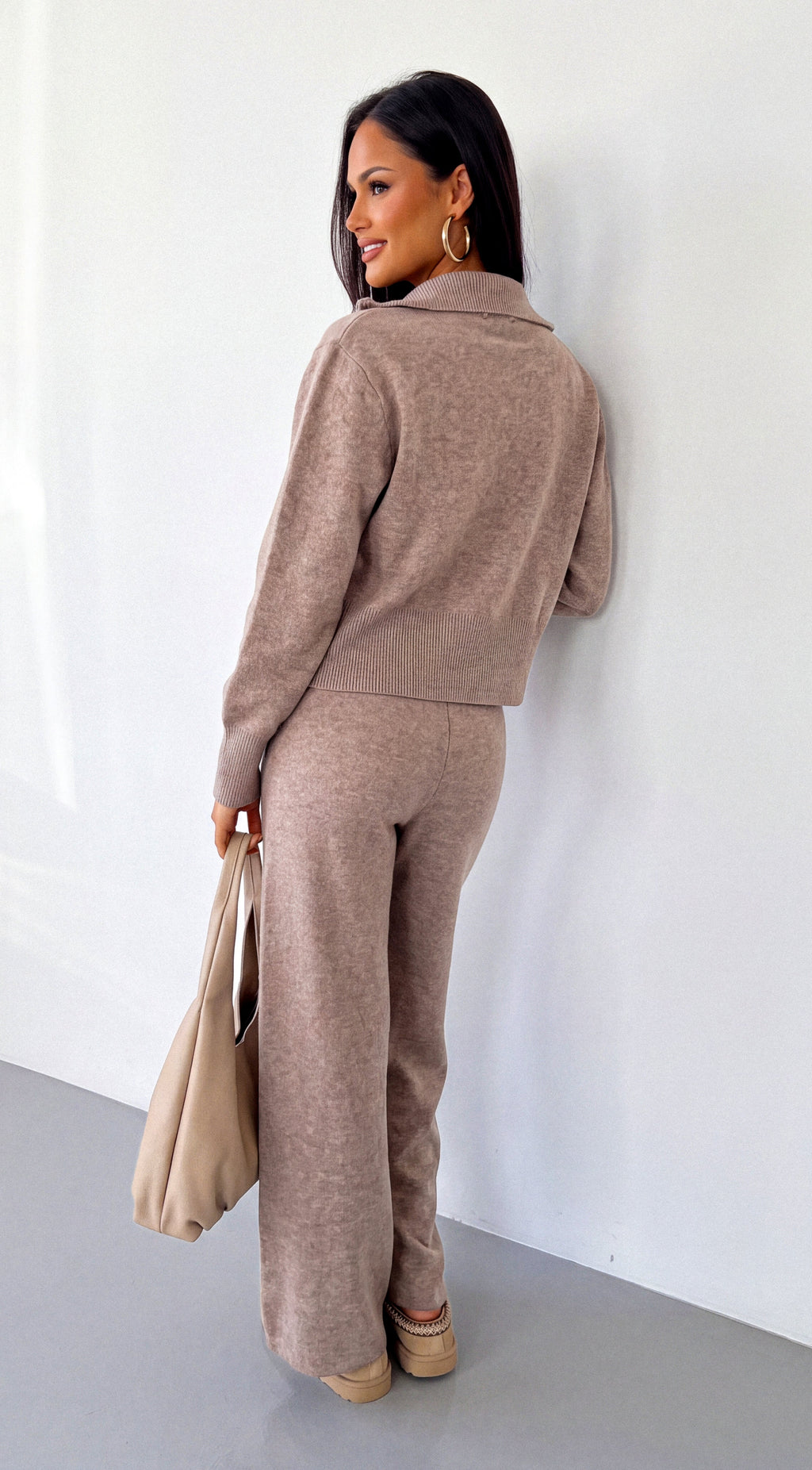 Beige Zip Cardigan & Wide Leg Pant Set