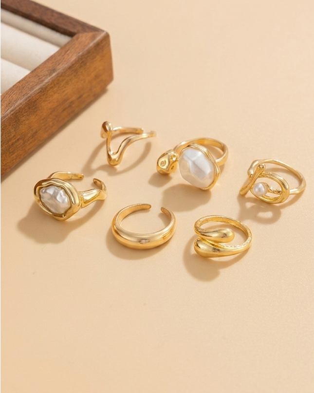 Gold Pearl 6 Piece Ring Set