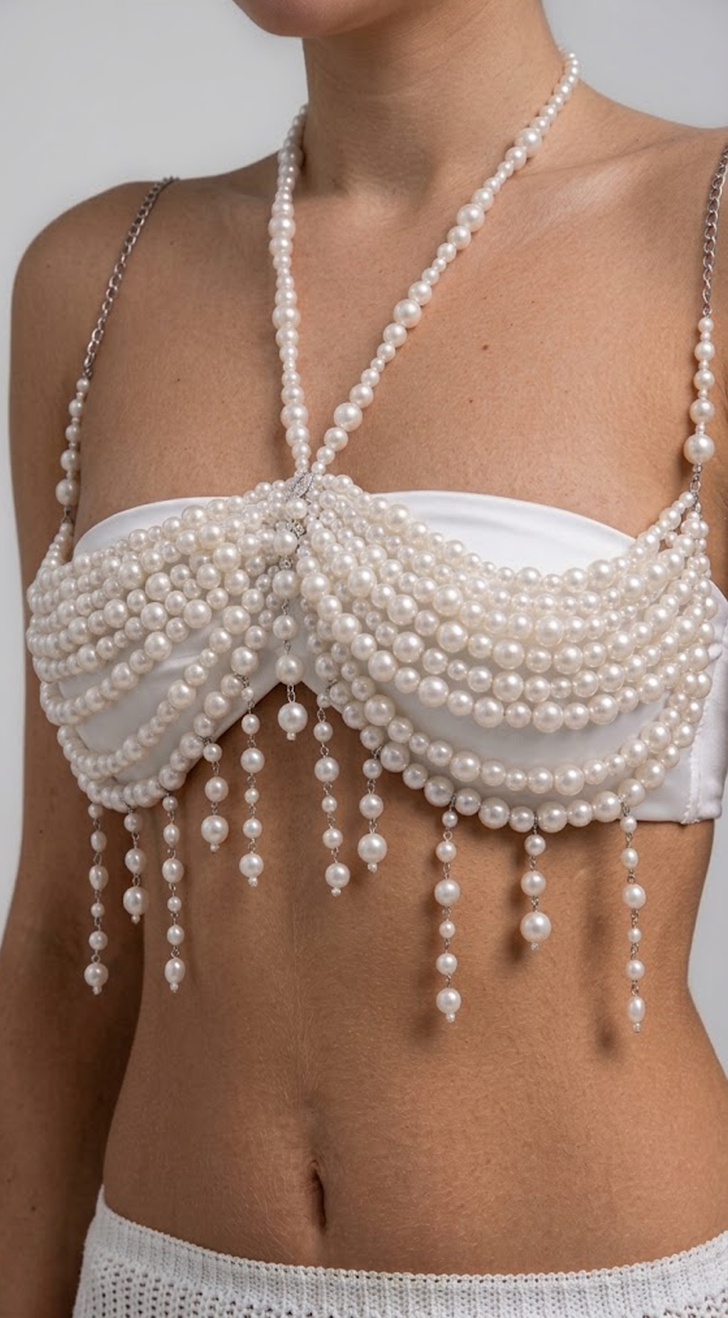 White Pearl Fringe Statement Body Chain