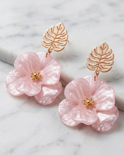 Pink Leaf Flower Drop Earrings