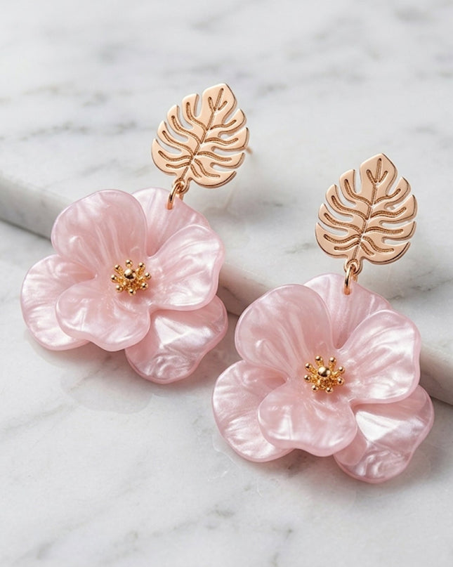 Pink Leaf Flower Drop Earrings