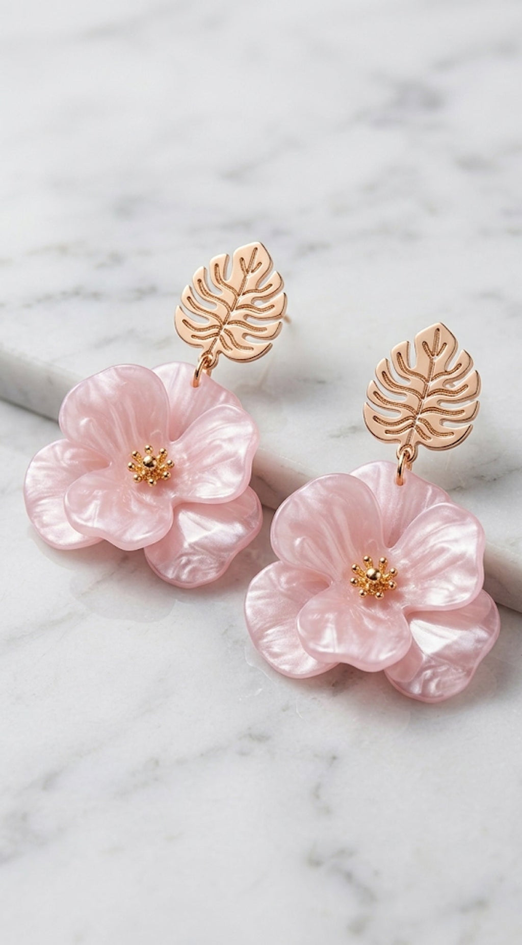 Pink Leaf Flower Drop Earrings