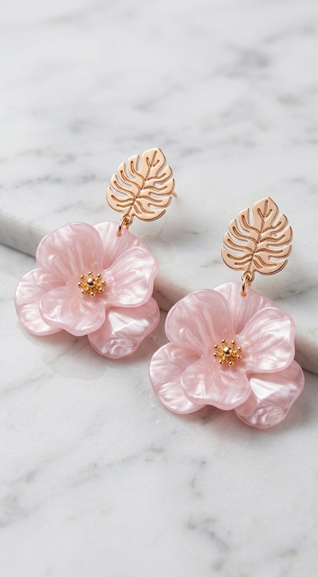 Pink Leaf Flower Drop Earrings