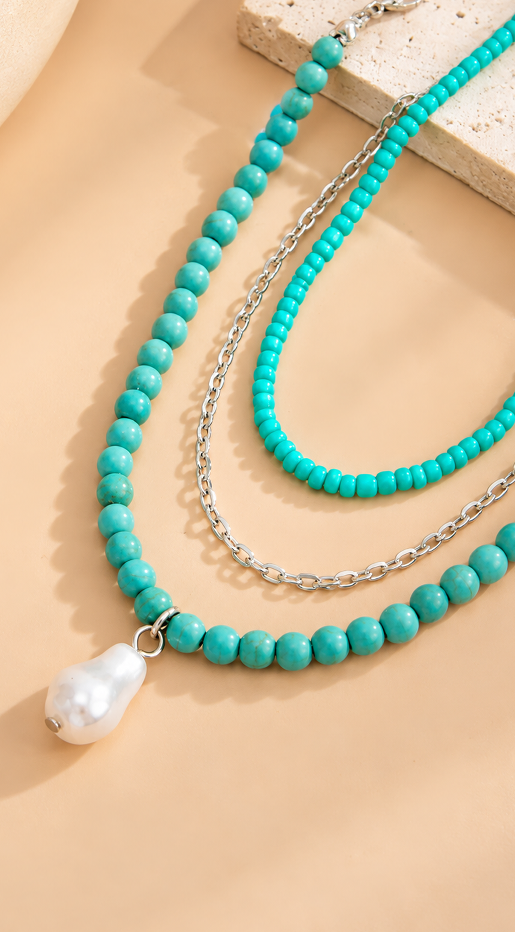 Turquoise Piece Layered Anklet Set With Pearl