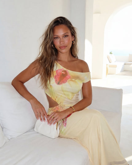 Pale Yellow Multi Floral Off Shoulder Maxi Dress